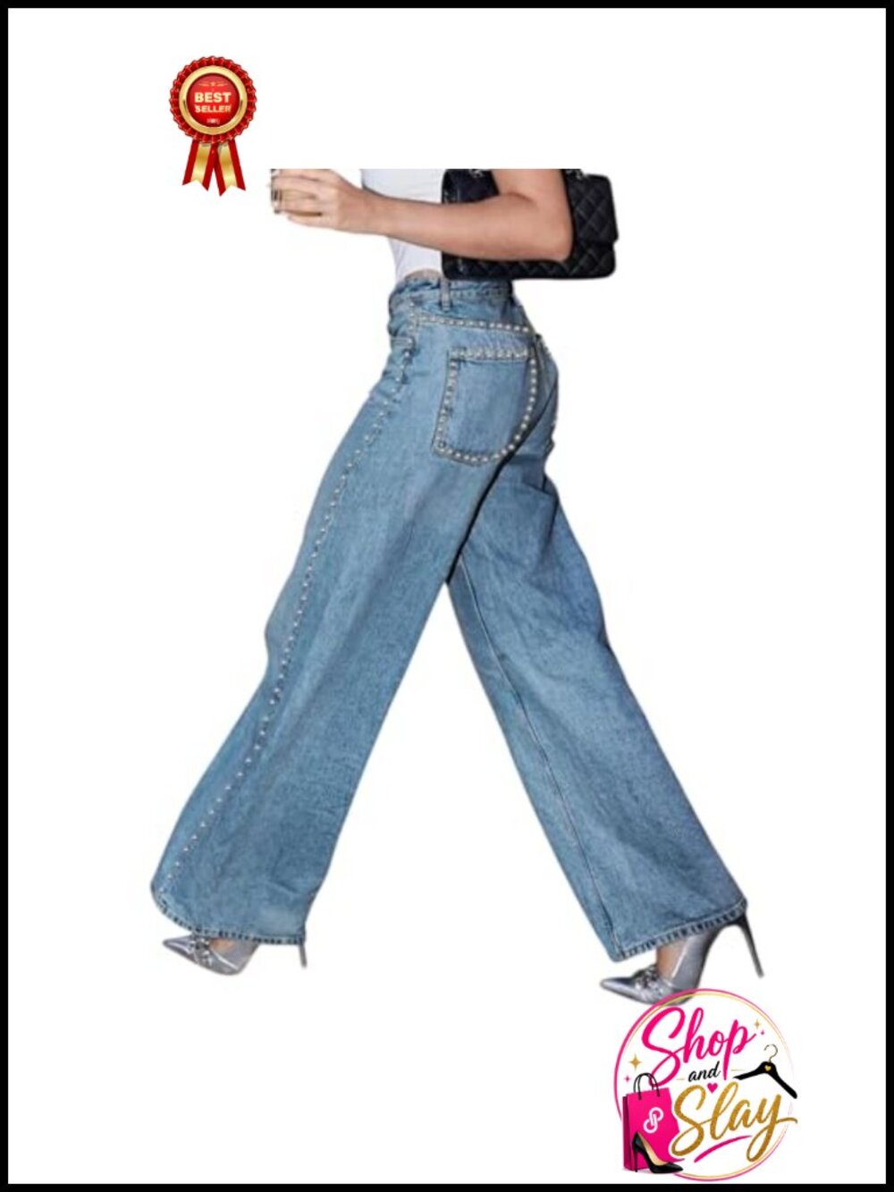 High Waist Wide Leg Straight Leg Rhinestone Studded Jeans
